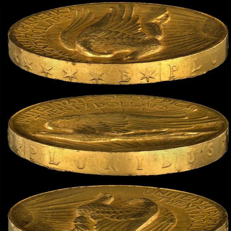 Side of the 1907 "high relief" double eagle showing edge lettering and surface detail.